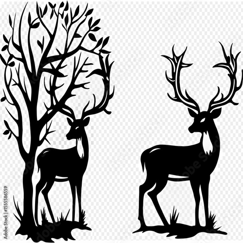 Silhouette Vector Illustration of Deer with Antlers in Wild Nature Setting