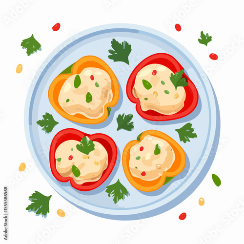 Illustration of delicious stuffed bell peppers with a creamy filling and fresh parsley, a healthy vegetarian appetizer served on a plate.