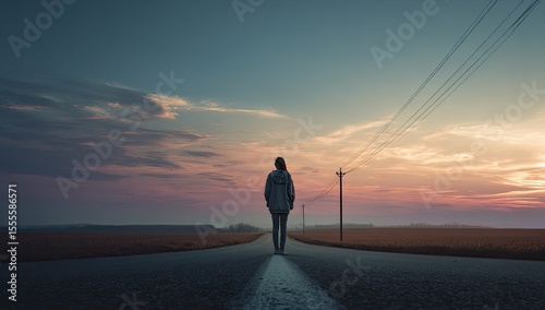 A solitary figure on a country road at sunset