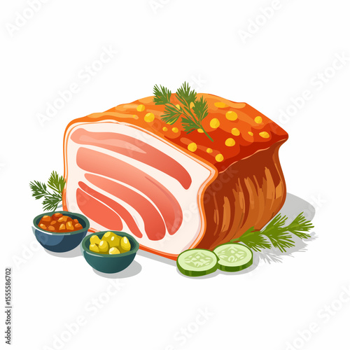 A piece of cured pork belly salo served as a traditional appetizer with dill, cucumber, and dipping sauces