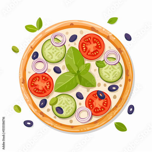 Top view illustration of a fresh vegetarian pizza with tomato, cucumber, olive, and onion. Healthy meal concept on a white background.