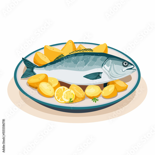Deliciously cooked whole fish served with boiled potatoes and fresh lemon slices on a plate, a healthy seafood meal