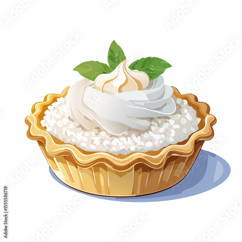 A delectable illustration of a sweet tartlet with a cottage cheese filling, whipped cream, and a fresh mint garnish.