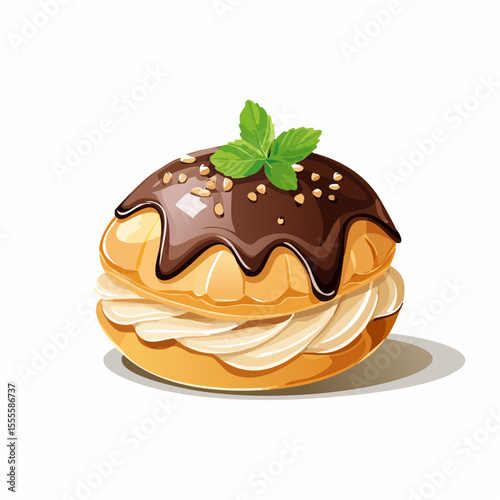 Gourmet cream puff with rich chocolate glaze, chopped nuts, and a fresh mint leaf. An indulgent sweet dessert illustration isolated on white.