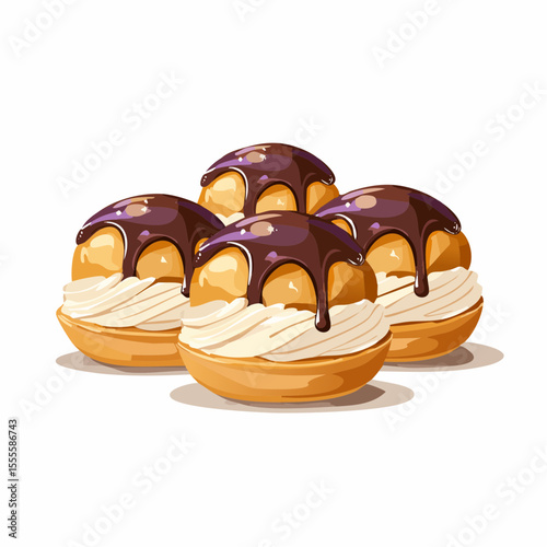Delicious cream puffs with whipped cream filling and chocolate glaze topping, vector illustration isolated on white background.