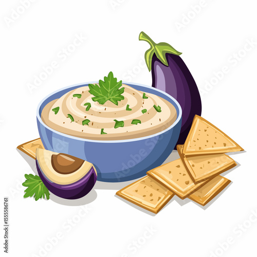A bowl of traditional baba ghanoush, a Mediterranean eggplant dip appetizer, served with crackers. Healthy vegetarian food concept.