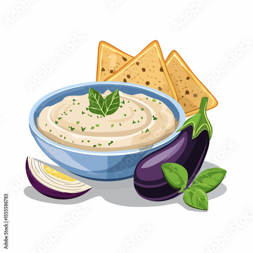A delicious bowl of traditional baba ghanoush, a creamy Middle Eastern eggplant dip, served with pita bread and fresh ingredients.