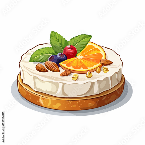 Gourmet wheel of soft cheese or cheesecake with fresh orange, berries, and almonds. A delicious delicacy concept illustration.