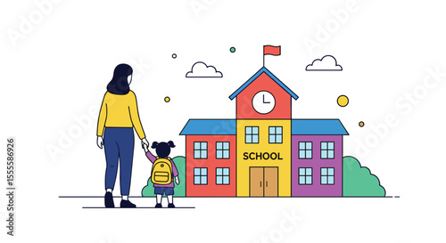 A caring parent walks their young child to their first day of elementary school a memorable milestone event