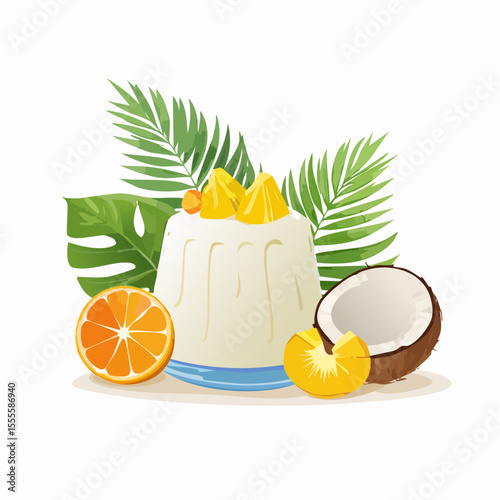 A delightful tropical pudding, possibly panna cotta or blancmange, served with fresh pineapple, orange, and coconut. Illustrated with lush palm leaves.