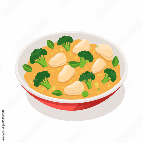 A nutritious bowl of homemade vegan curry with fresh broccoli and lima beans, illustrating a healthy plant-based meal concept.