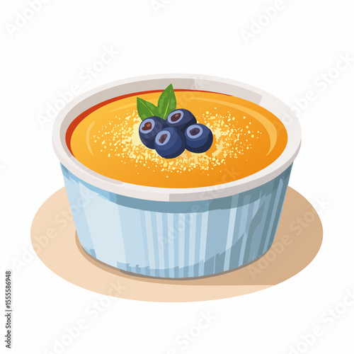 Delicious crème brûlée dessert in a ramekin, with a caramelized sugar crust and topped with fresh blueberries and mint. Vector illustration.