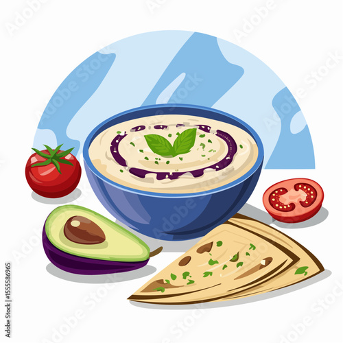 Vector illustration of a delicious bowl of hummus, a traditional Middle Eastern appetizer with fresh avocado, tomato, and pita bread.