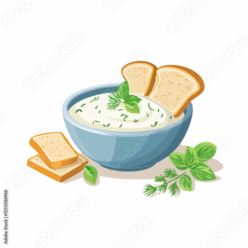 Savory appetizer snack featuring a bowl of creamy herb dip garnished with fresh basil and dill, served with crisp toasts.