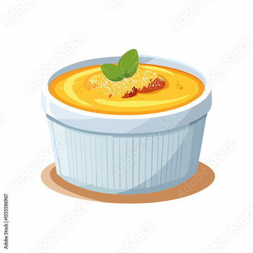 A delectable crème brûlée dessert in a white ramekin, featuring a rich custard base and a perfectly caramelized sugar crust, garnished with mint.