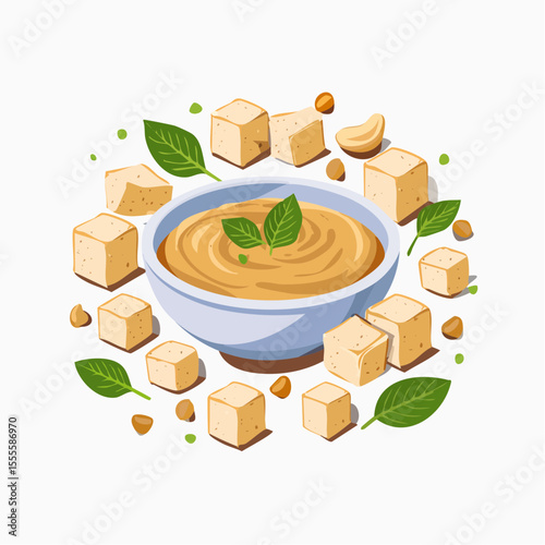 A healthy plant-based appetizer with a bowl of creamy vegan dip, surrounded by tofu cubes, fresh basil, and nuts. Vector illustration.
