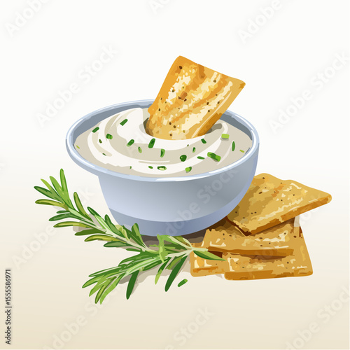 A delicious bowl of creamy herb dip with chives, served with savory crackers and a sprig of fresh rosemary. A perfect appetizer.
