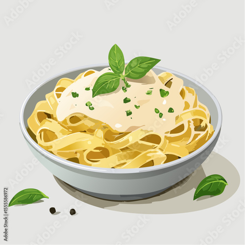 A delicious bowl of fettuccine pasta with a creamy white sauce, garnished with fresh basil. An iconic Italian dish illustration.