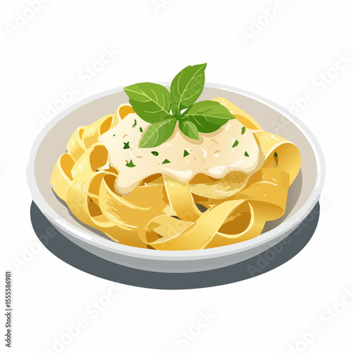 A delectable bowl of fresh fettuccine pasta topped with a creamy sauce and a sprig of basil. A classic Italian dish.