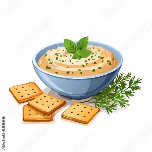 A savory bowl of creamy hummus dip garnished with fresh basil and herbs, served with crackers. A delicious and healthy appetizer snack.