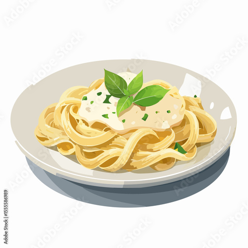 A delicious illustration of a plate of fettuccine pasta with a creamy white sauce, garnished with fresh basil leaves.