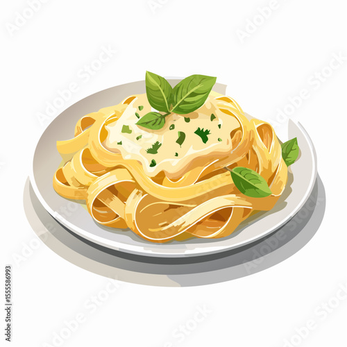 Gourmet Italian fettuccine pasta with a rich creamy sauce and fresh basil leaves on a white plate. Vector illustration.