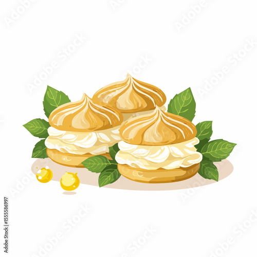 A delightful illustration of three cream puffs, a classic choux pastry dessert filled with sweet cream and garnished with fresh mint leaves.