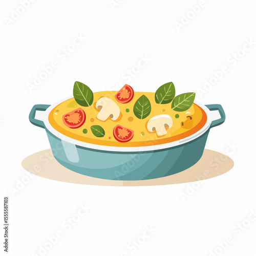 Delicious homemade frittata or casserole bake with fresh mushrooms, cherry tomatoes, and spinach leaves.