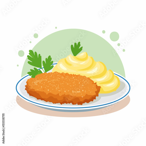 A delicious meal of golden breaded cutlet with a side of creamy mashed potatoes, garnished with parsley on a plate.