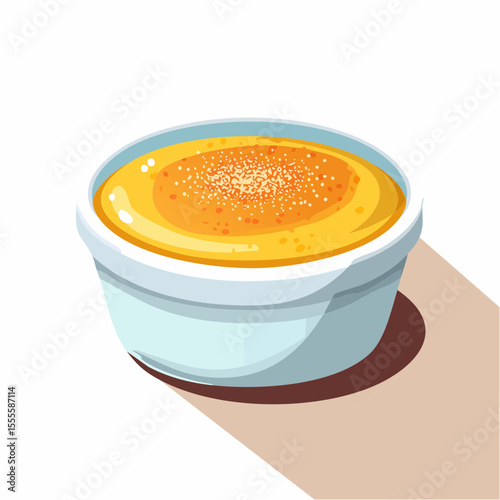 Gourmet crème brûlée dessert in a white ramekin. Vector illustration of a classic French custard with caramelized sugar.