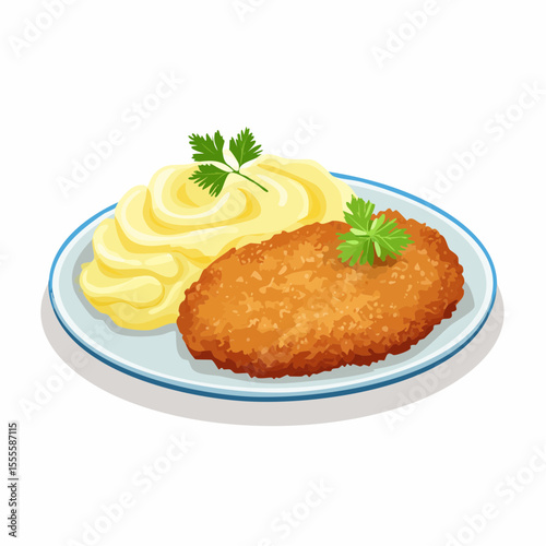 A classic comfort food meal featuring a golden breaded cutlet and creamy mashed potatoes, garnished with fresh parsley, served on a plate. Vector illustration.