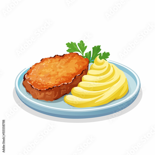 Illustration of a delicious dinner plate with a golden fried cutlet, creamy mashed potatoes, and a fresh parsley garnish