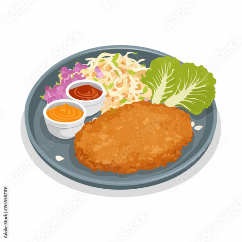 A delightful plate of Japanese Tonkatsu, featuring a crispy deep-fried pork cutlet with cabbage salad and dipping sauces.