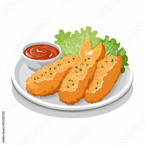 A delicious meal concept of crispy breaded fish sticks served on a plate with dipping sauce and fresh garnish.