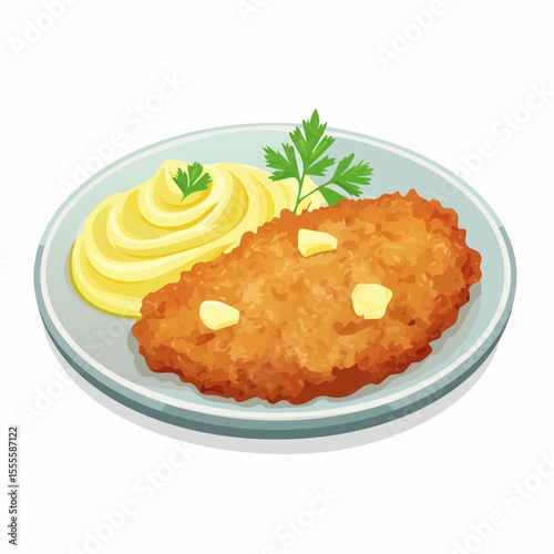 A delicious meal of a golden breaded cutlet with melting butter, served with a side of creamy mashed potatoes and a parsley garnish
