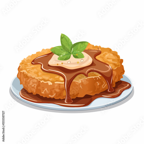 Illustration of a crispy breaded cutlet with rich brown gravy, a dollop of cream, and fresh herb garnish on a white plate