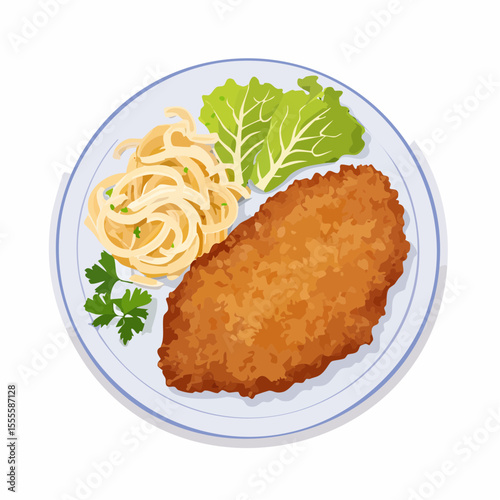 A delicious plate of breaded schnitzel served with pasta and a fresh green salad. Top-down view of a classic meal, vector illustration.