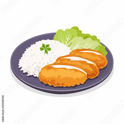 Vector illustration of a Japanese meal with crispy chicken katsu, steamed white rice, and fresh green lettuce served on a plate.