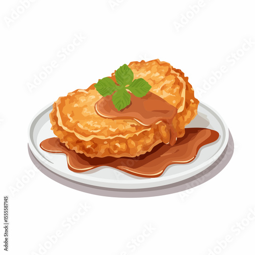 Delicious golden-brown schnitzel with savory gravy on a white plate, garnished with fresh mint. Isolated food illustration.