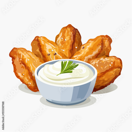 Golden fried chicken wings arranged with a creamy dipping sauce, a delicious and classic party appetizer