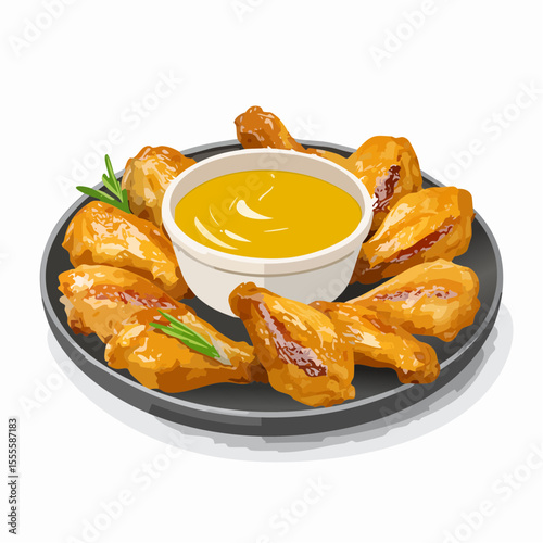 A delicious platter of crispy fried chicken wings with a savory mustard dipping sauce, garnished with rosemary.