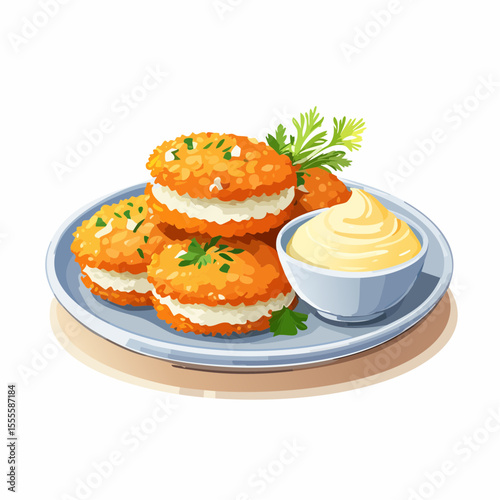 Golden fried croquettes with a creamy cheese filling, garnished with fresh parsley and served with a savory dipping sauce