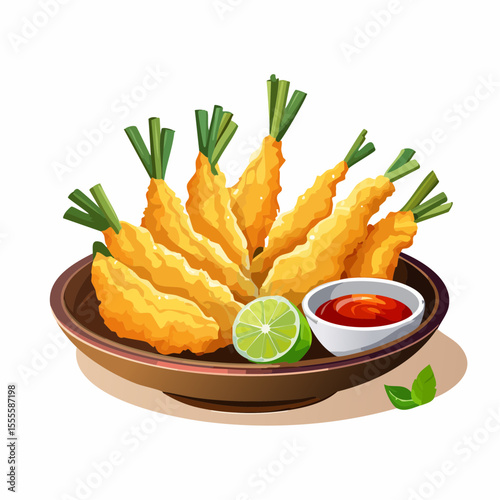 Crispy fried shrimp tempura appetizer served on a platter with dipping sauce and fresh lime.