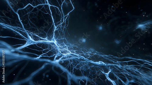 A detailed close-up of neural networks displaying interconnected neurons and synapses in a dark, glowing, and dynamic environment.