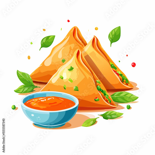 Golden fried samosas, a traditional Indian appetizer with a savory vegetable filling, served with a tangy red dipping sauce and fresh herbs.