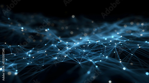 A digital abstract network of interconnected points and lines forming a glowing web pattern on a dark background, symbolizing data flow and connectivity.