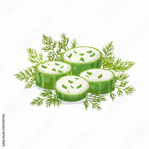 Fresh cucumber slices with a creamy dill topping, a healthy vegetarian appetizer. Vector illustration of a nutritious snack on a white background.