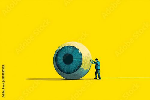 A person inspects or paints a giant eyeball against a bright yellow background, highlighting surreal and imaginative themes of vision and perception.