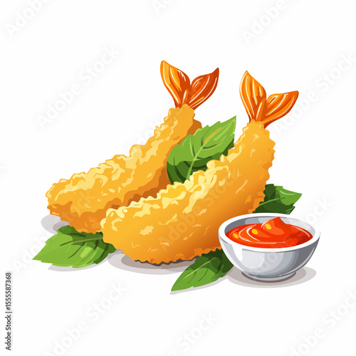 Two delicious deep-fried shrimp tempura served with a red sauce, a classic seafood appetizer.