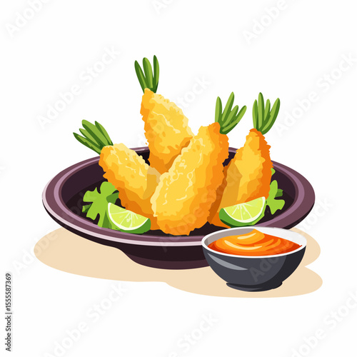 Crispy golden shrimp tempura appetizer on a plate with lime and sauce. A delicious Japanese seafood cuisine concept isolated on white.